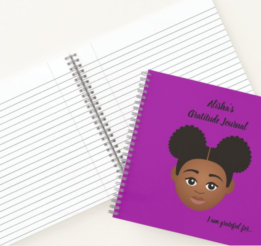 Image of a Personalized I'm Proud to Be Natural Me! Gratitude Journal Purple cover with the face of a caramel brown little girl with black afro puffs Text states Aisha's Gratitude Journal, I am grateful for
Available in online store at https://www.zazzle.com/store/mdillondesigns?rf=238795225182040756 