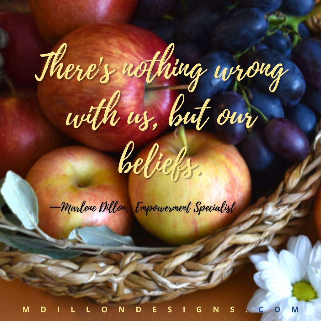 Image of a colorful basket of various fruits. Text states, "There's nothing wrong with us, but our beliefs." 
Marlene Dillon Empowerment Specialist mdillondesigns.com 