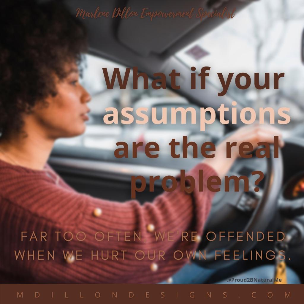 Image of curly-haired African-American woman driving. Text states Marlene Dillon Empowerment Specialist; What if your assumptions are the real problem? Far too often we're offended when we hurt our own feelings. mdillondesigns.com