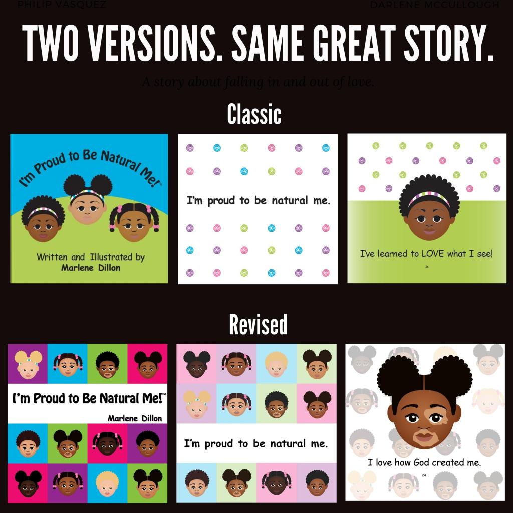 Image of classic version of book (featuring front cover and two interior pages) and Revised cover with two interior pages. Text states: Two versions. Same great story. 