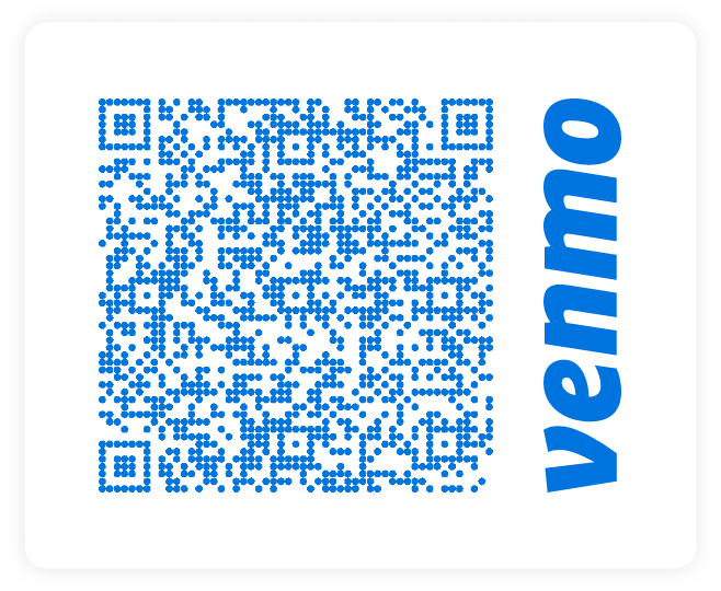 Image of Venmo QR code with vertical Venmo logo on right side. 
Scan this QR code to give via Venmo or use button below. 