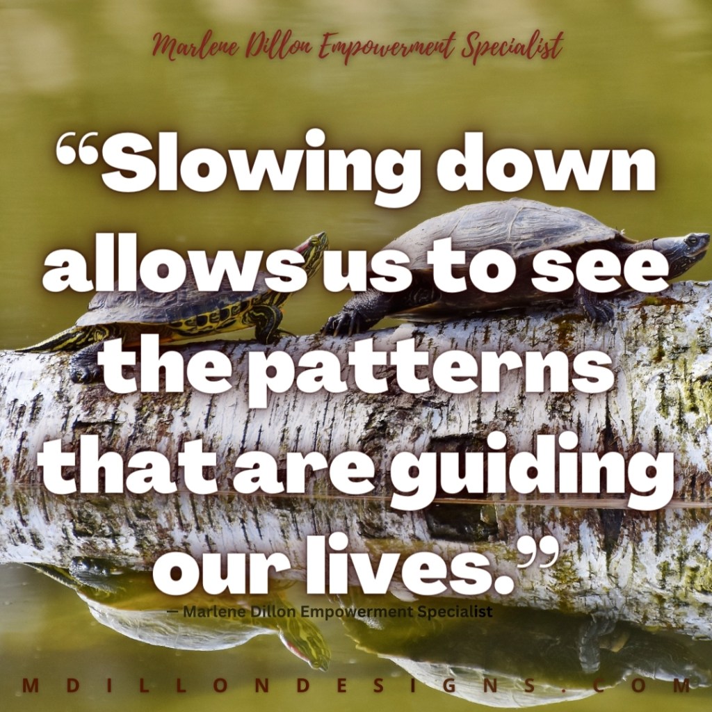 {Image Description: Meme. Photo of two turtles on a log above a murky, olive green pond, one smaller than the other with tail down and head raised. Text states: Marlene Dillon Empowerment Specialist "Slowing down allows us to see the patterns that are guiding our lives." mdillondesigns.com}