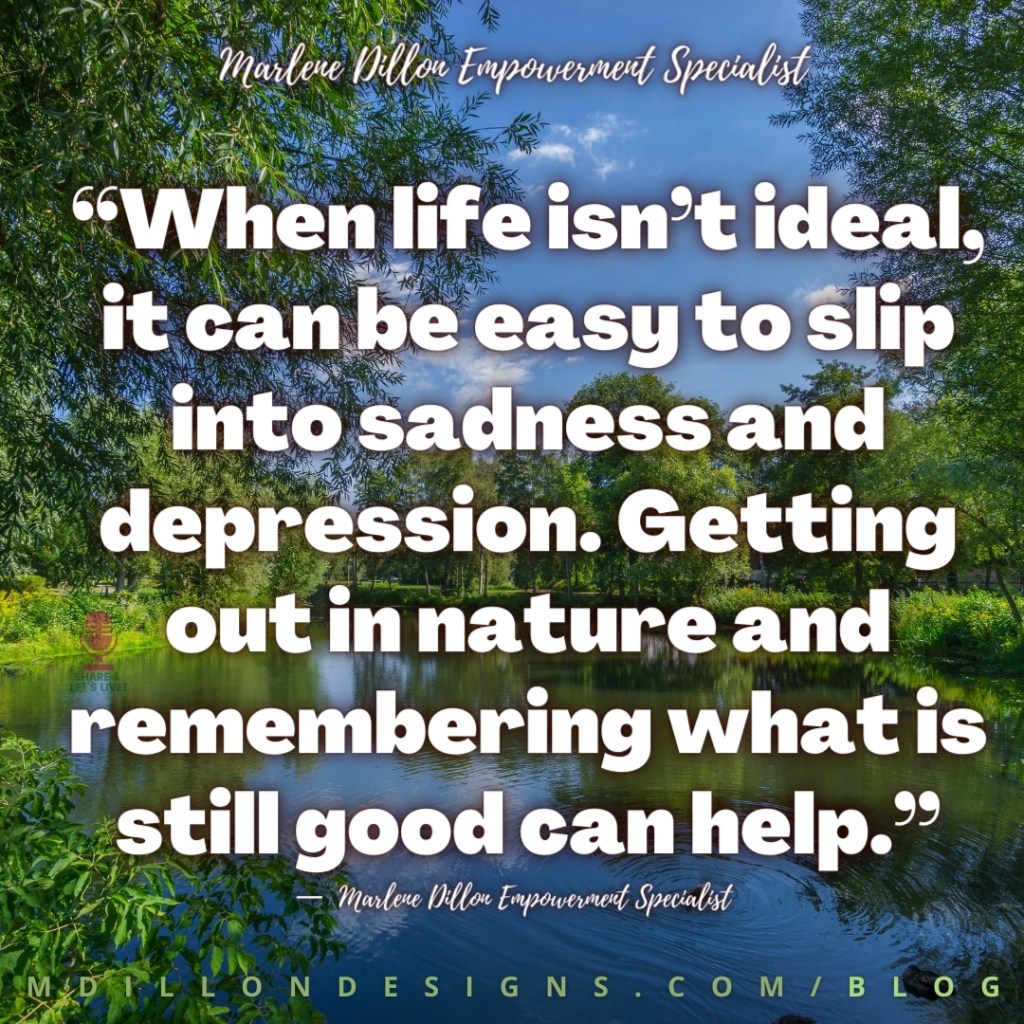 Image of a large pond surrounded by green leafy trees on a blue sky sunny day. Text states: “When life isn’t ideal, it can be easy to slip into sadness and depression. Getting out in nature and remembering what is still good can help.” —  Marlene Dillon Empowerment Specialist
mdillondesigns.com/blog