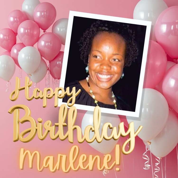 Photo of Marlene Dillon Empowerment Specialist on pink and white balloon background with words Happy Birthday Marlene! in large gold script
