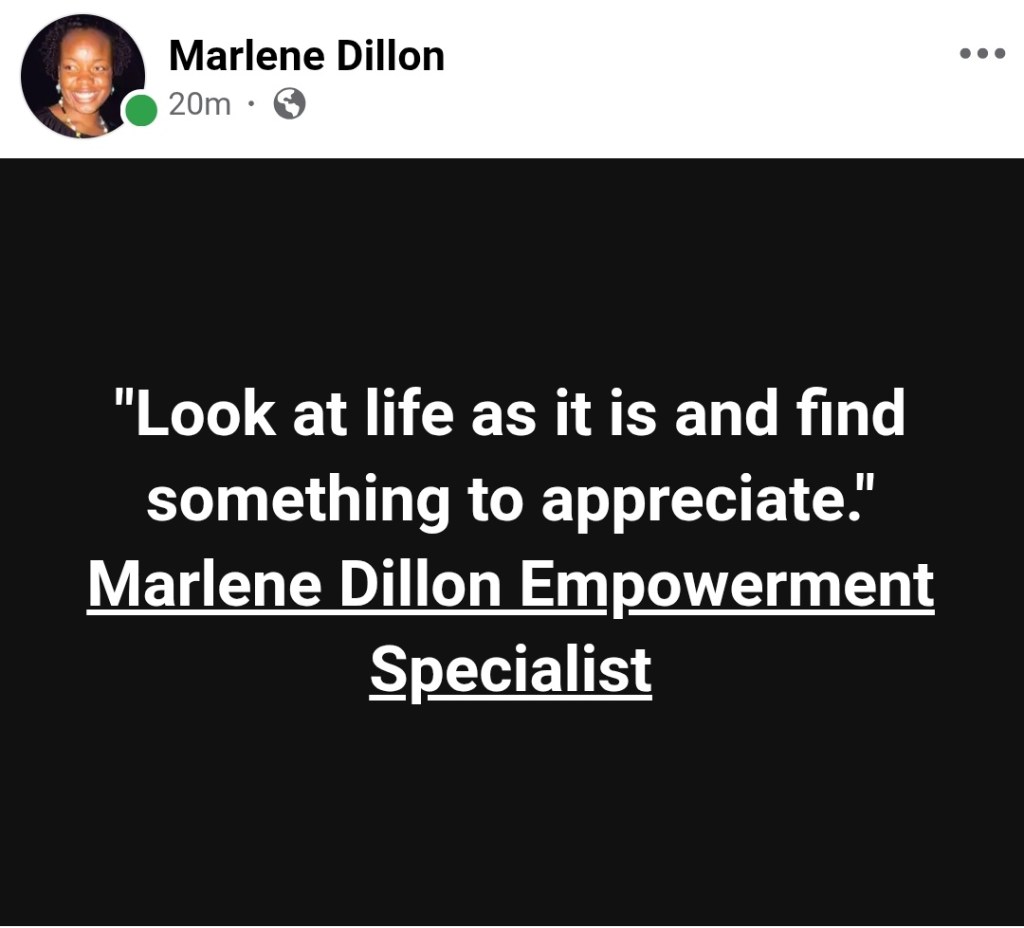 Image: Social media post with white text against black background. Quote states, "Look at life as it is and find something to appreciate." Marlene Dillon Empowerment Specialist
